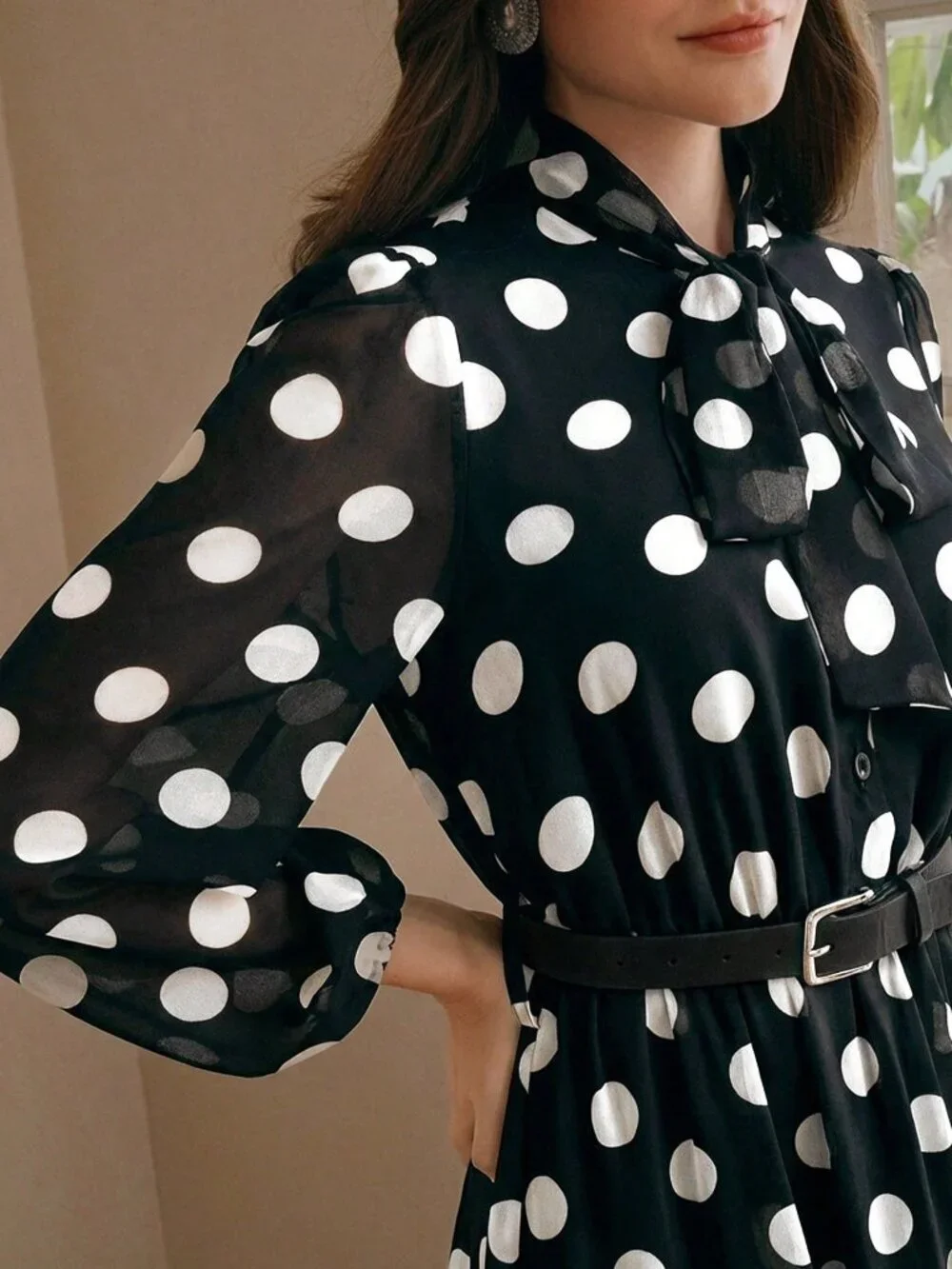 Black & White Elegant Women's Polka Dot Chiffon Lace Tie Waist Long Sleeve Dress